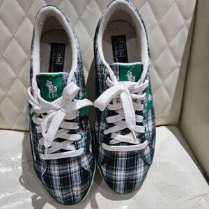Polo By Ralph Lauren Plaid Canvas Sneakers White Green Blue Lace-Up Mens Shoes S